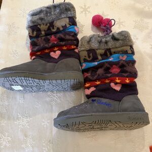 NWOT Skechers Twinkle Toes Boots Light Up Gray Knit Hearts Big Girls Sz 3